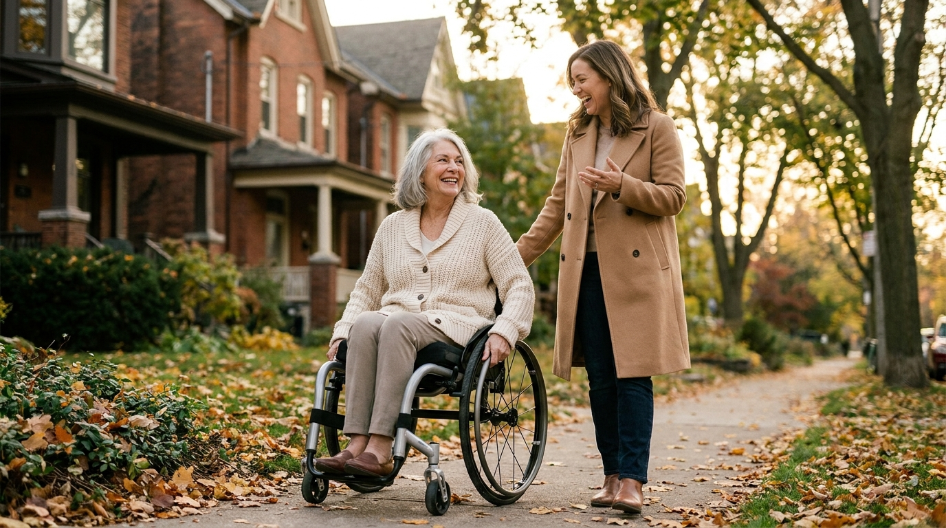 Older woman in a modern wheelchair smiling with her daughter on a Toronto sidewalk in autumn