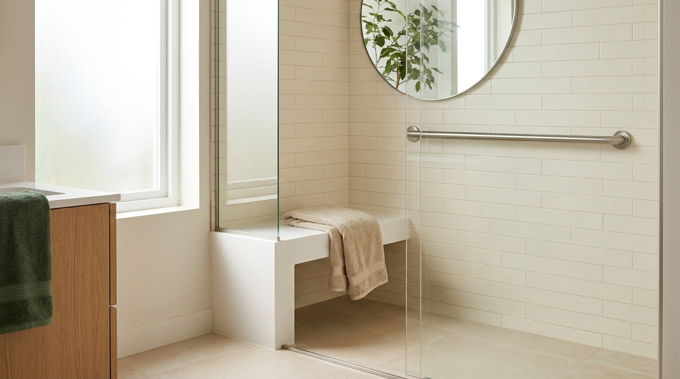 Serene modern bathroom with shower bench and brushed-steel grab bar