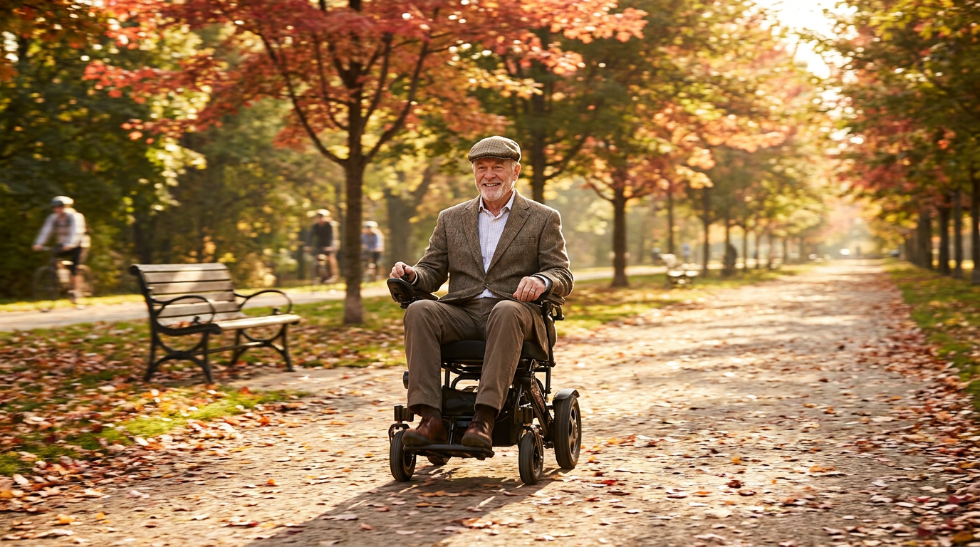 Older gentleman driving a foldable power wheelchair confidently through an autumn park