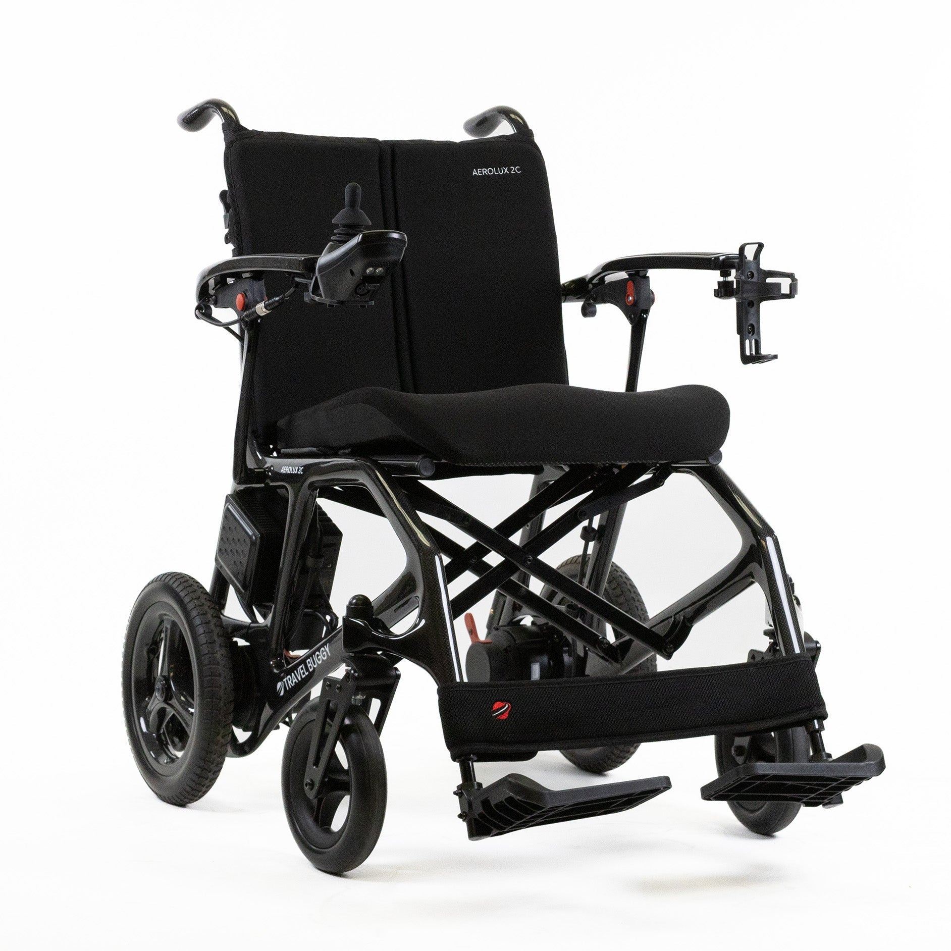 Travel Buggy AEROLUX 2C ultra-light folding power wheelchair, carbon black — right angle view