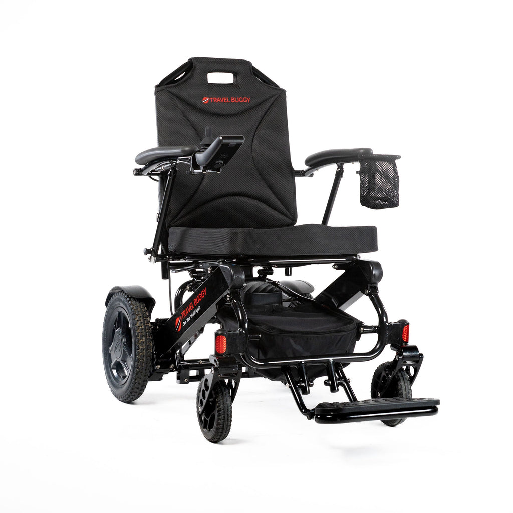 Travel Buggy CITY 2 PLUS heavy-duty folding power wheelchair, black — right angle view