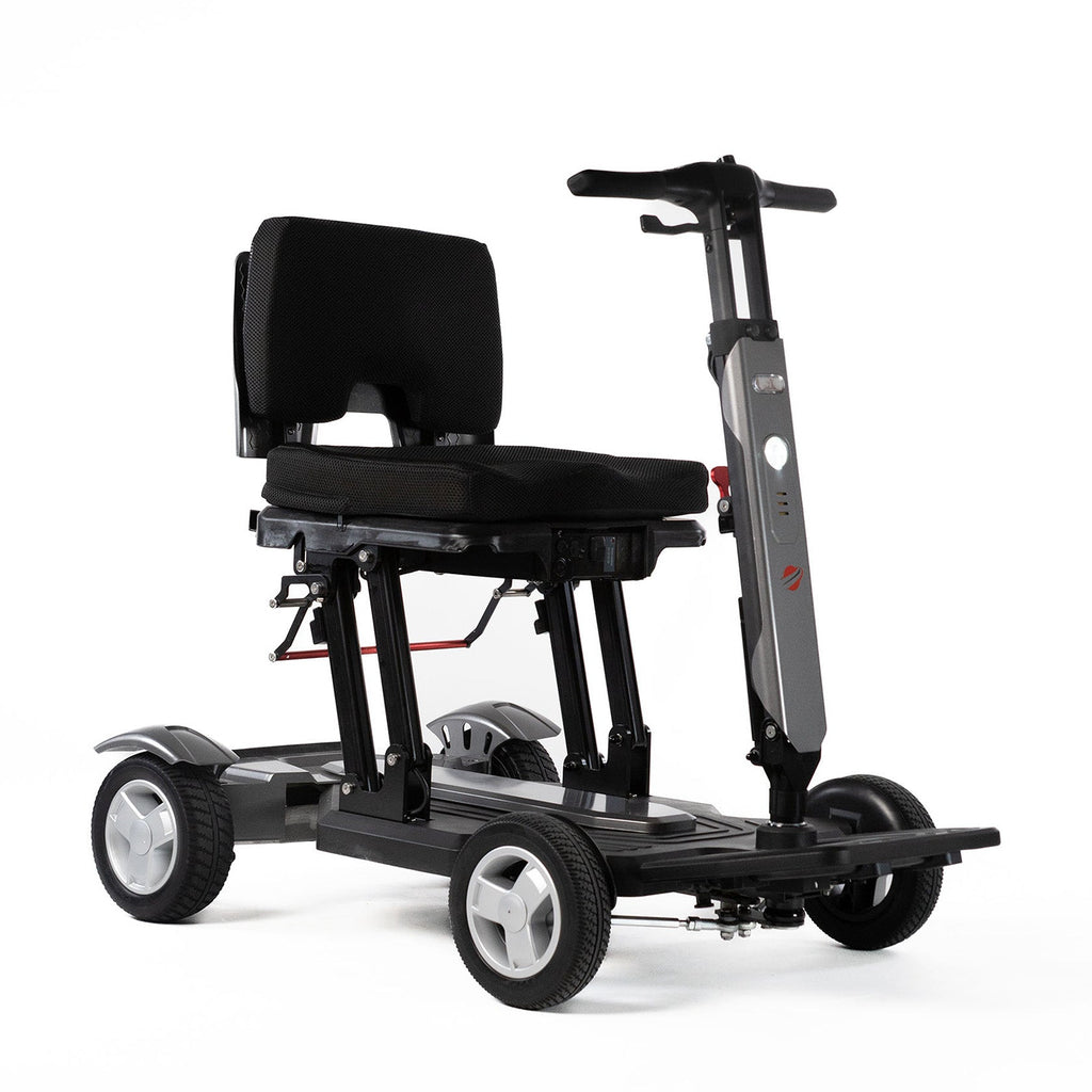 Travel Buggy HELIX 4-wheel mobility scooter, metallic grey — right angle view