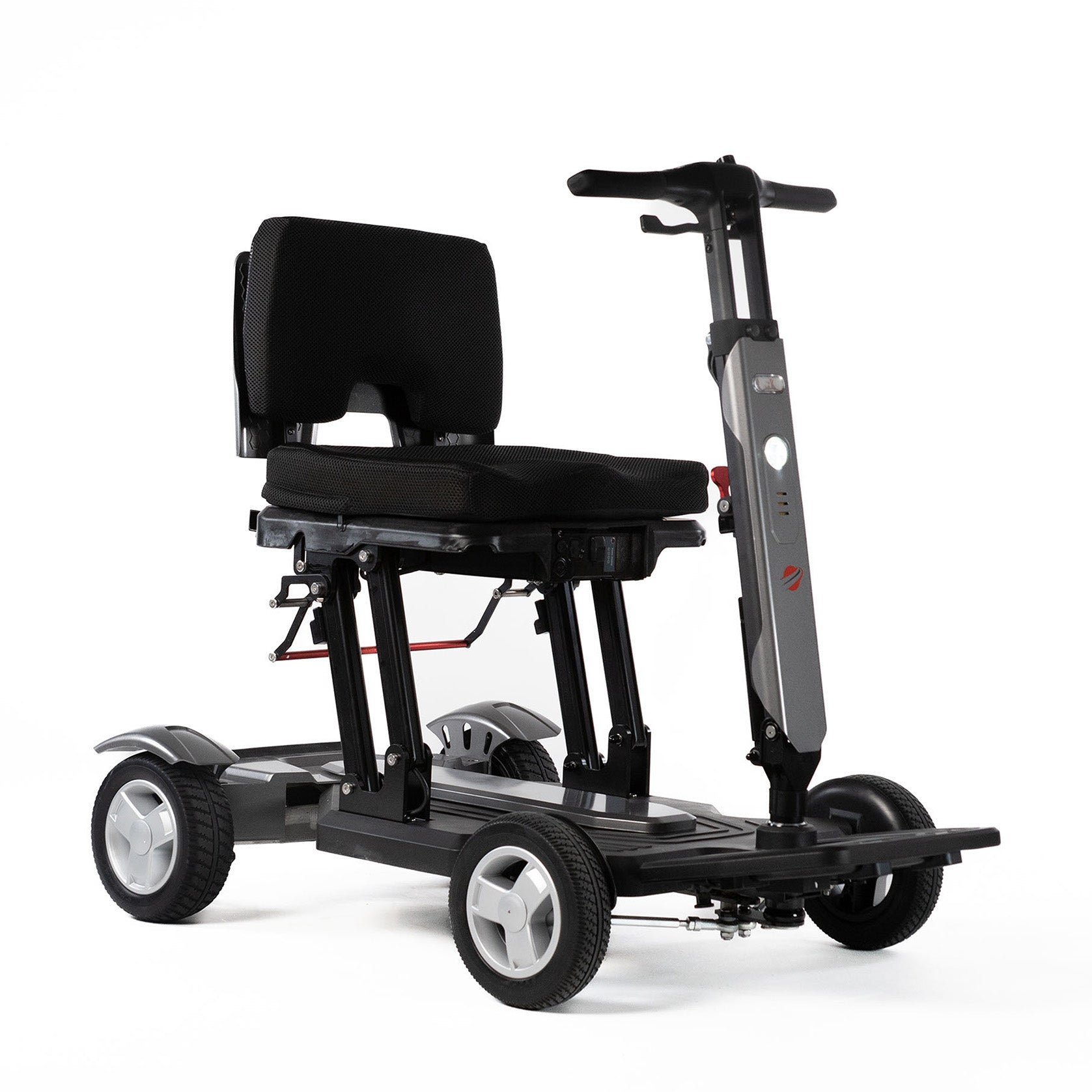 Travel Buggy HELIX 4-wheel mobility scooter, metallic grey — right angle view