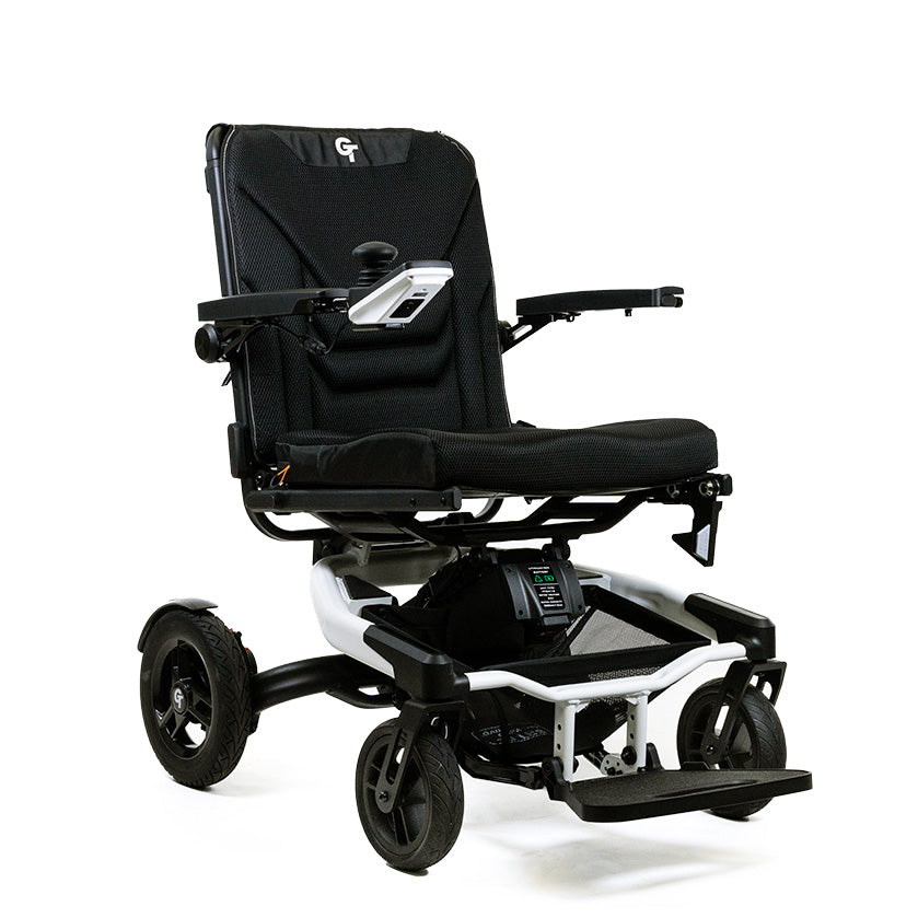 Travel Buggy Grand Tourer GT power wheelchair, matte white — front view
