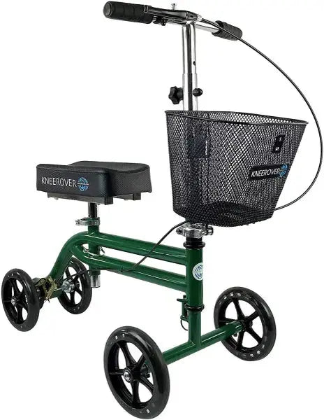 Knee Rover green steerable knee walker with storage basket