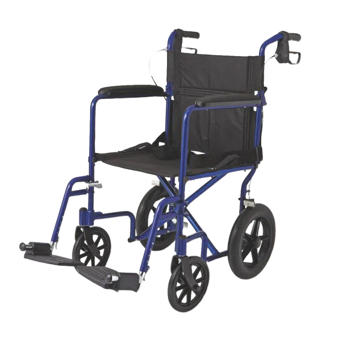 Medline lightweight aluminum transport wheelchair with 12-inch wheels, foldable for travel