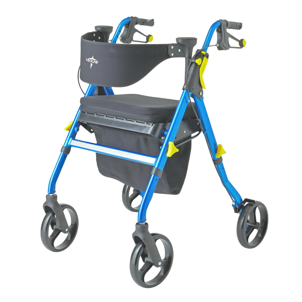 Medline Empower four-wheel rollator walker with seat and storage bag