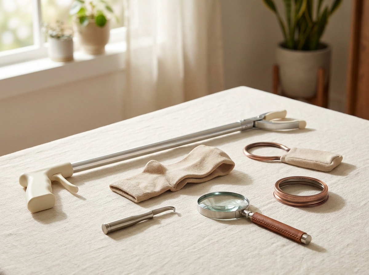 Senior-friendly daily living aids on a cream linen surface — reacher, sock aid, button hook, magnifier, jar opener