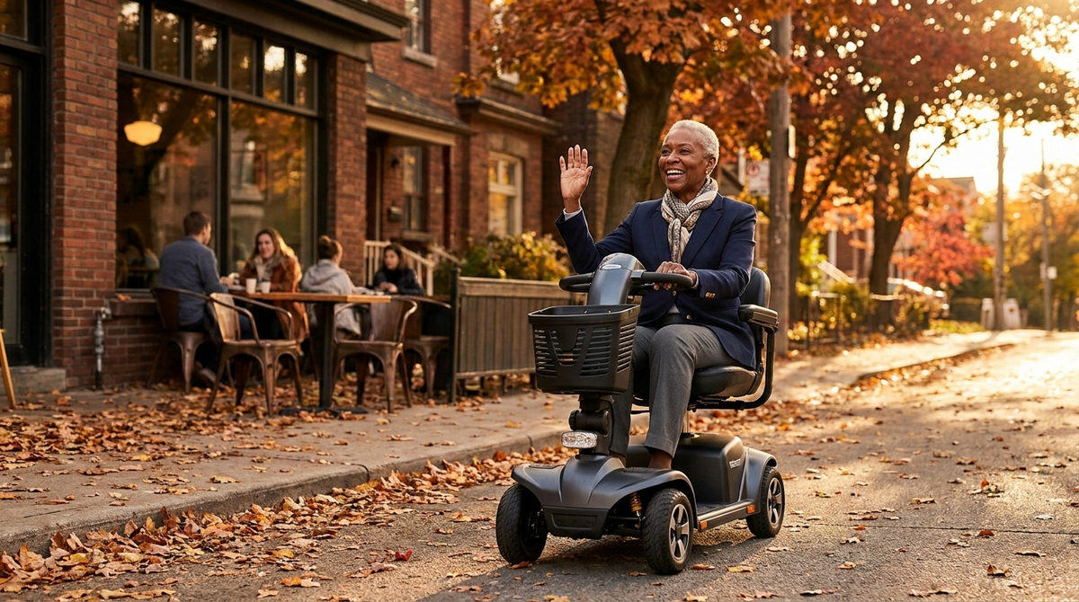 Confident senior Black woman in navy blazer riding a sleek mobility scooter on a tree-lined Toronto street at golden hour