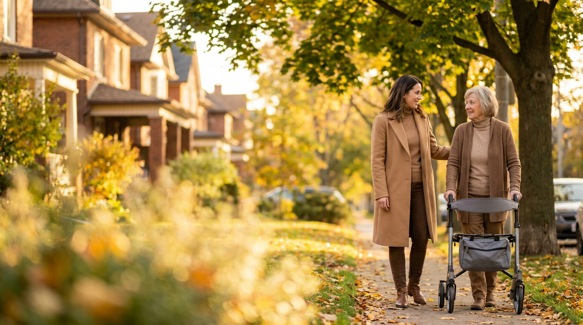 Adult daughter walking with her mother who uses a 4-wheel rollator on a tree-lined Toronto sidewalk in golden autumn light