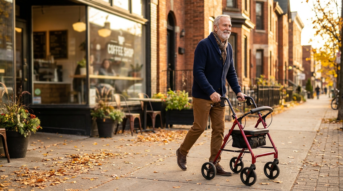 Confident senior man with grey beard in navy cardigan walking with a 4-wheel rollator on a Toronto sidewalk at golden hour