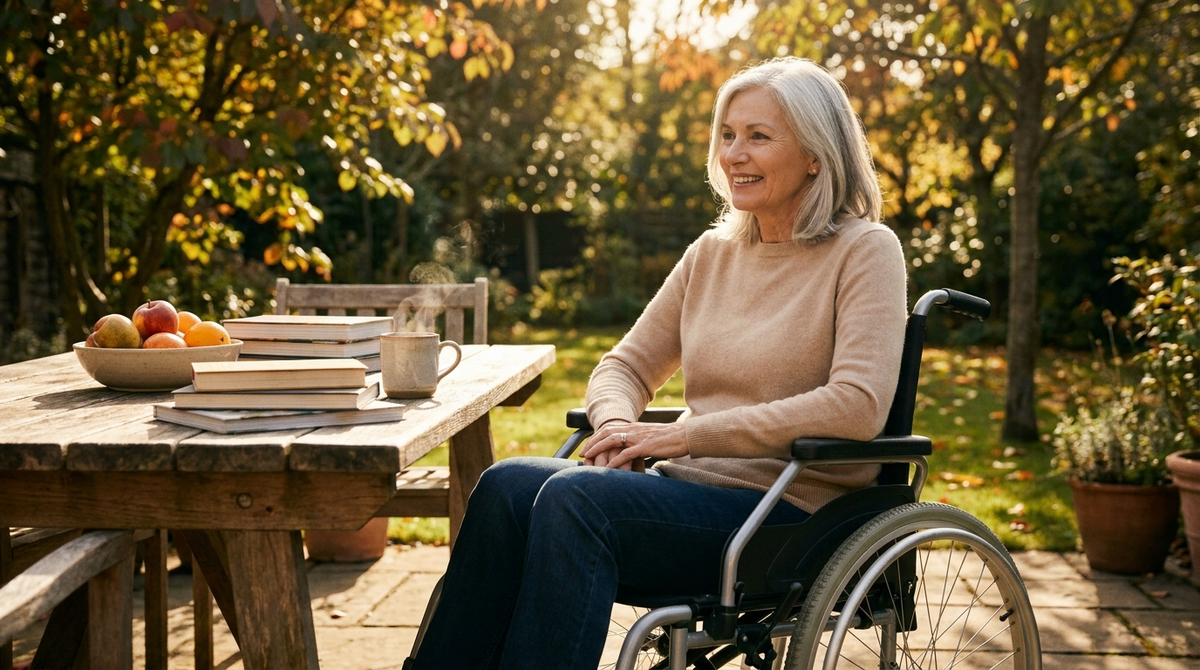 Elegant senior woman with silver hair in beige cashmere sweater seated in a manual wheelchair on a sunlit garden patio