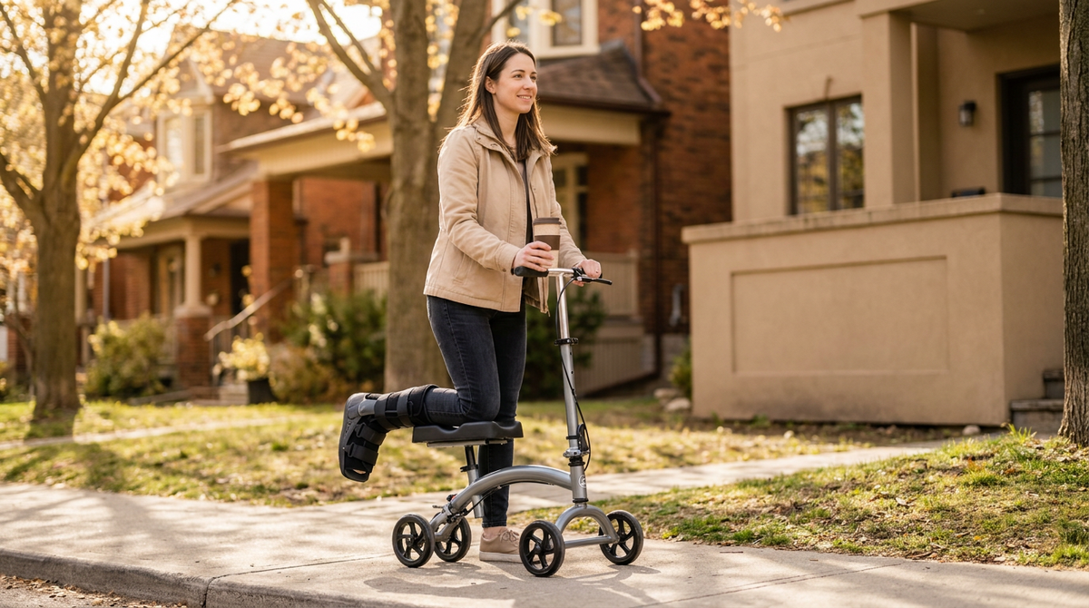Younger adult riding a knee scooter on a Toronto sidewalk during recovery